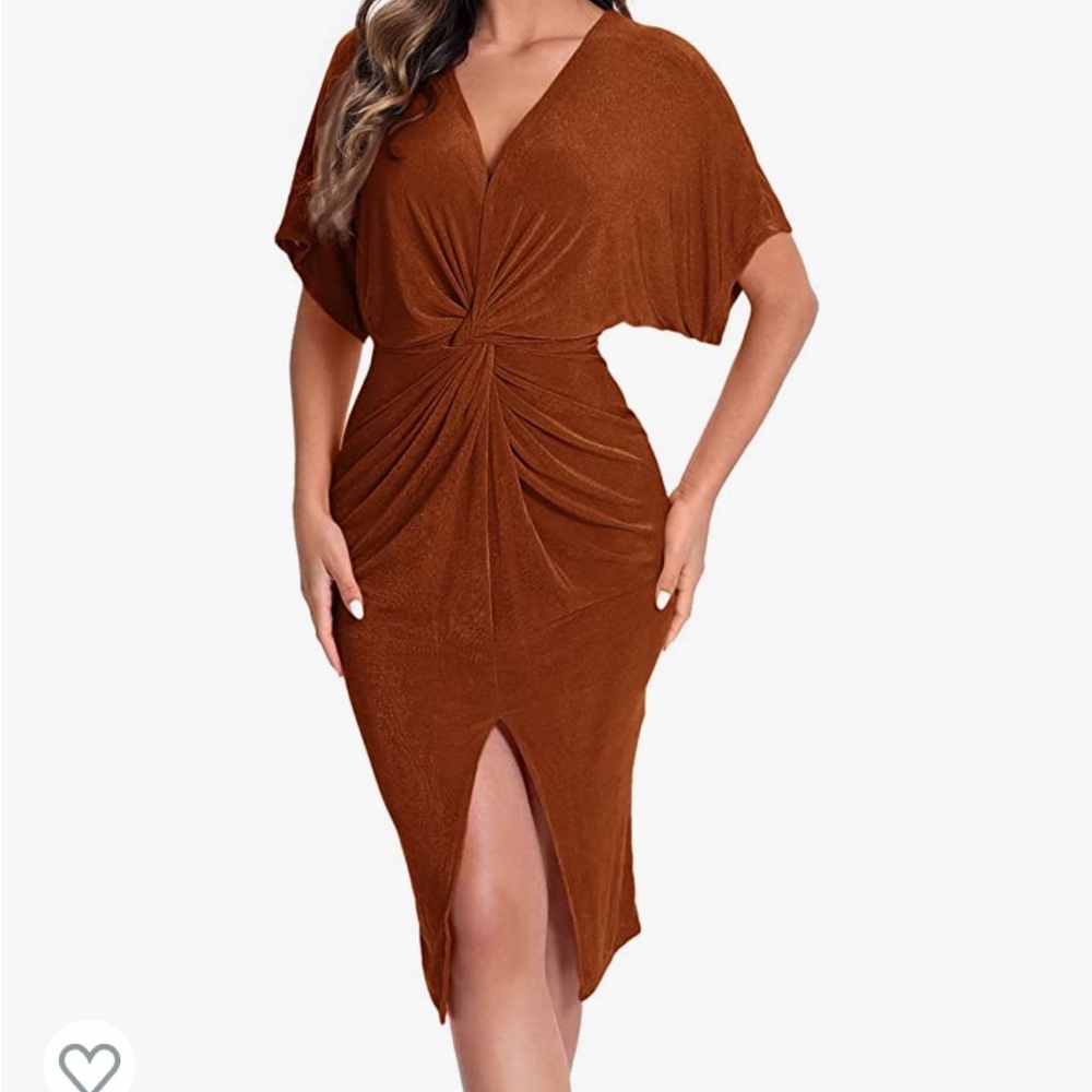 NWT never worn size L Stretchy brown midi dress with front slit and front twist - Picture 2 of 8